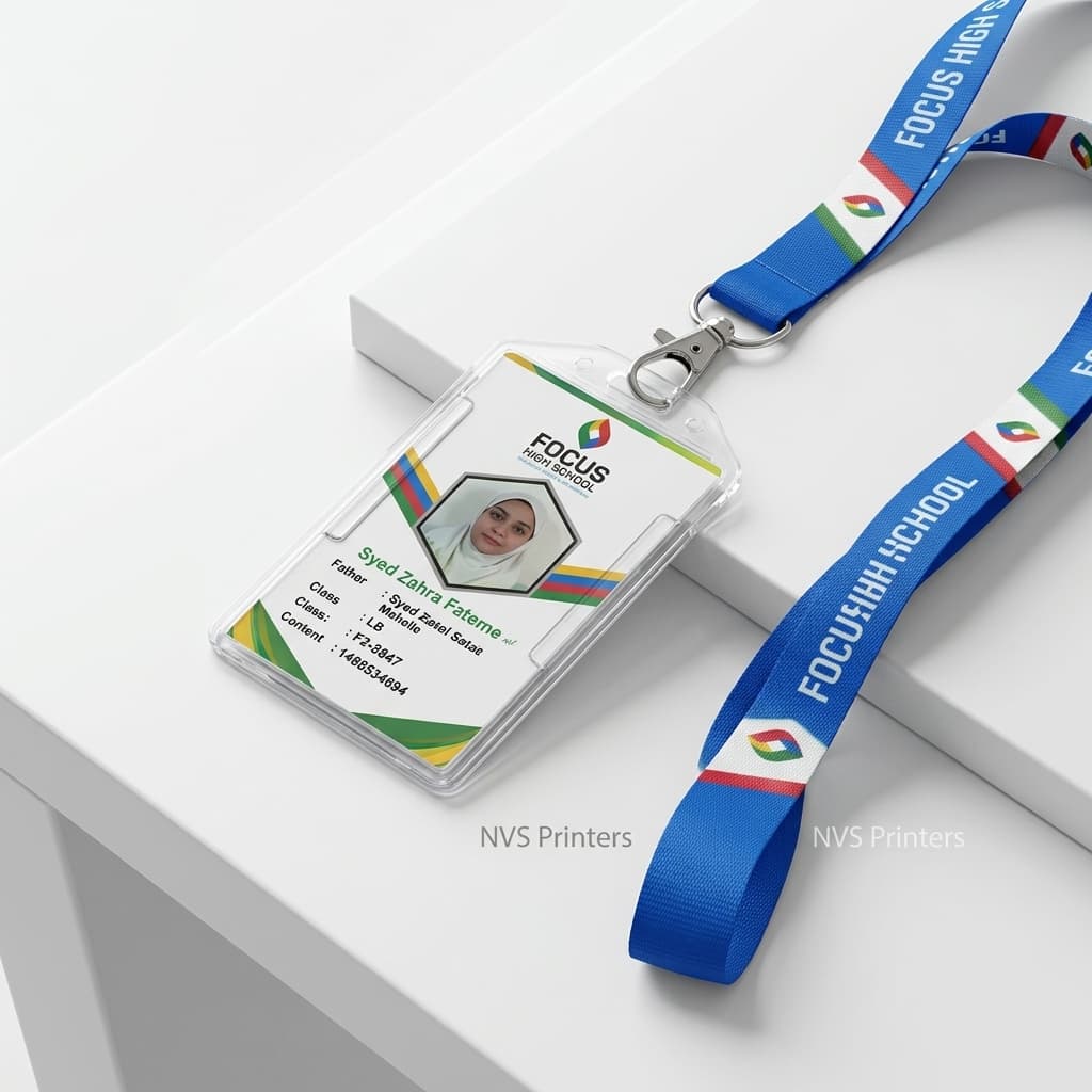PVC employee ID card with custom printed lanyard Hyderabad — NVS Printers